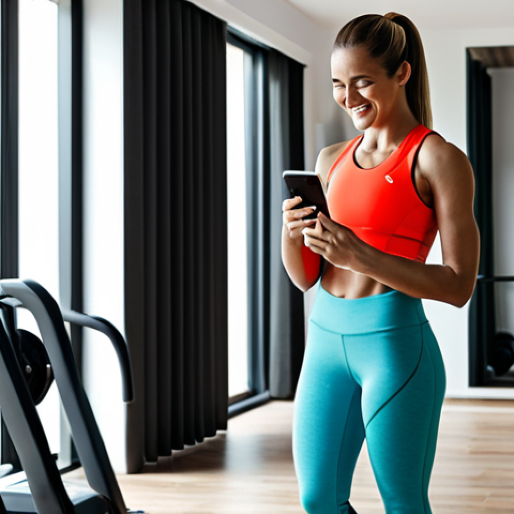 Gym Playlist Creation**

"A smiling woman in athletic leggings and a sporty top, fully clothed, selecting music on her phone while standing in a bright, modern home gym. Weights and exercise equipment are visible in the background. Safe for work, appropriate content, professional quality, perfect anatomy, natural pose, well-formed hands, modest athletic wear."

**