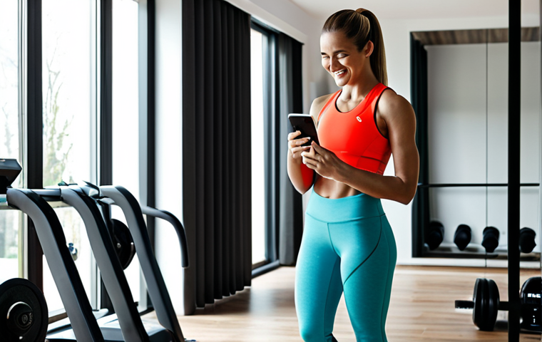 Gym Playlist Creation**
"A smiling woman in athletic leggings and a sporty top, fully clothed, selecting music on her phone while standing in a bright, modern home gym. Weights and exercise equipment are visible in the background. Safe for work, appropriate content, professional quality, perfect anatomy, natural pose, well-formed hands, modest athletic wear."
**
