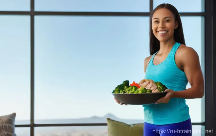 홈트 운동을 위한 식사 전후 습관 - **Prompt: "A vibrant and inviting image of a healthy, fit woman in her early 30s, with a warm and en...