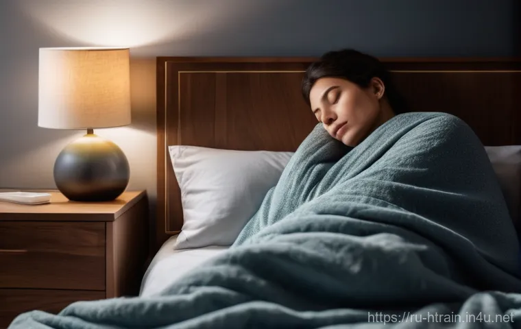 홈트 운동 후 휴식 시간 조절 - A peaceful, serene image of a fit person (gender-neutral) sleeping soundly in a cozy, dimly lit bedr...