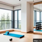 Home 19 홈트 운동 고급 기술 - A bright and organized home workout corner in a modern Russian apartment living room, featuring a no...