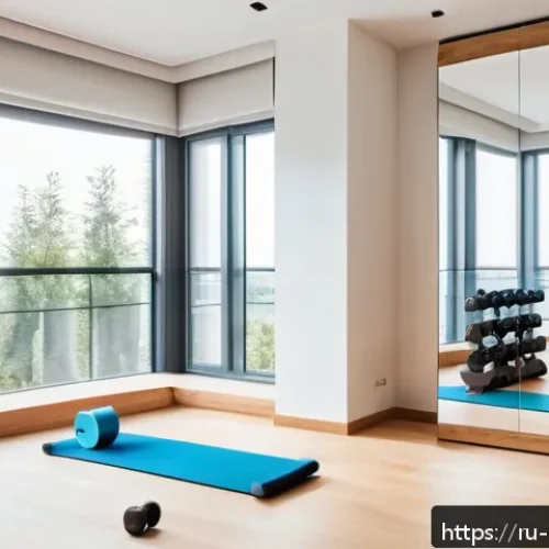 Home 31 홈트 운동 고급 기술 - A bright and organized home workout corner in a modern Russian apartment living room, featuring a no...