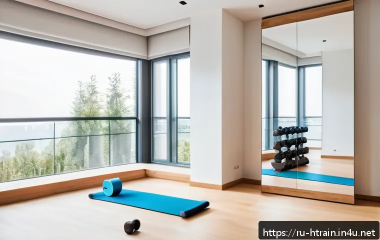 홈트 운동 고급 기술 - A bright and organized home workout corner in a modern Russian apartment living room, featuring a no...