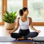 Home 18 홈트 요가 운동 - A cozy, sunlit living room corner arranged for home yoga practice: a soft yoga mat on a wooden floor...