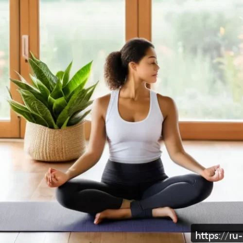 Home 30 홈트 요가 운동 - A cozy, sunlit living room corner arranged for home yoga practice: a soft yoga mat on a wooden floor...