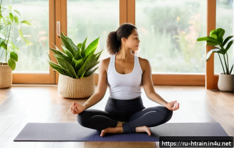 홈트 요가 운동 - A cozy, sunlit living room corner arranged for home yoga practice: a soft yoga mat on a wooden floor...