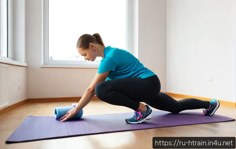 Home 17 홈트 운동 전 필수 복장 - Photorealistic morning scene in a cozy modern Russian apartment, athletic adult woman preparing for ...